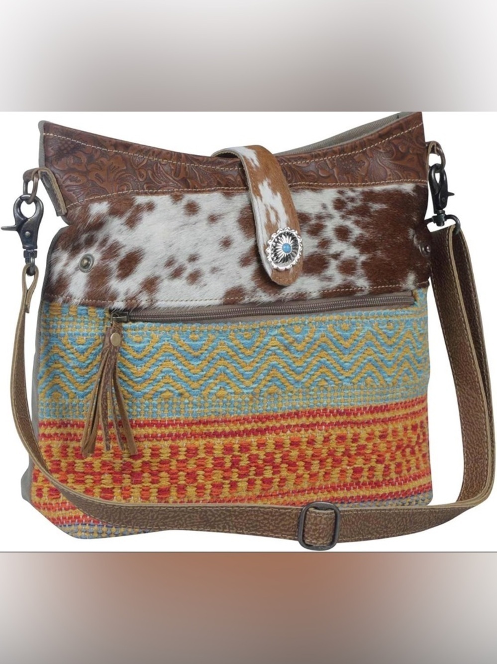 Myra multicolor bohemian Hairon Cowhide Tribal Shoulder Bag EUC